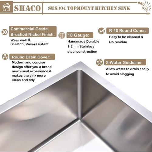 SHACO 25x22 Inch Drop In Kitchen Sink, Top Mount 16 Gauge 304 Stainless Steel 8 Inch Deep Drop In RV Laundry Utility Sink, Brushed Nickel Single Bowl Sink Topmount Overmount Sinks with Drain