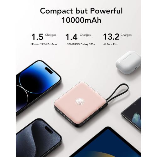 VRURC Mini Portable Charger, 22.5W USB C Fast Charging 10000mAh Pocket Power Bank with Built-in Cable, Battery Pack for iPhone 16 15 14 13 Samsung Galaxy S23 S22 Google Android, Pink(1 Pack)