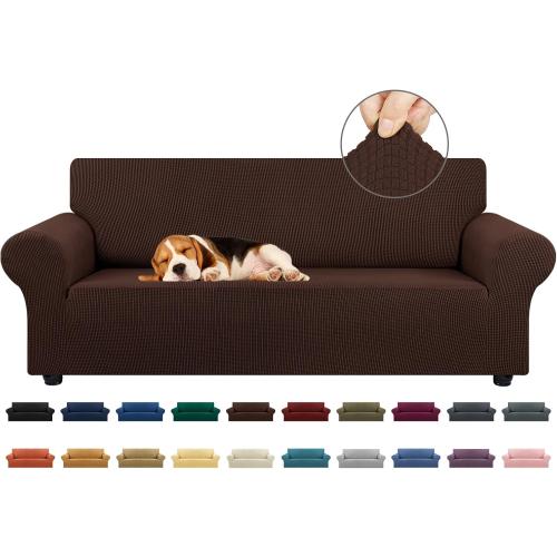KEKUOU Stretch Sofa Cover Slipcover ，Couch Covers for 3 Cushion Couch Sofa pet Friendly (79-94) Furniture Protector Sofa with Elastic Bottom for Kids,Dog, Jacquard Small Checked(Large,Chocolate)