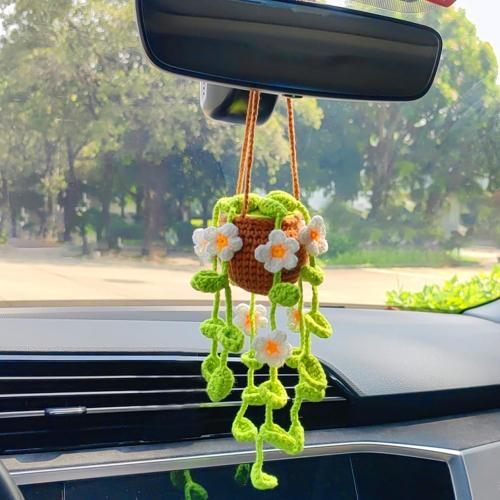 Potted Plants Crochet Rear View Mirror Accessories, Hand Crocheted (Glue Free) Safe Car Hanging Ornament, Cute Car Accessories for Women Interior