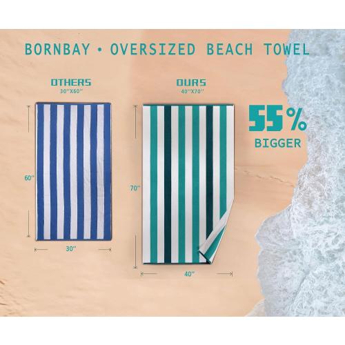 2 Bornbay Cotton Oversized Beach Towel - Extra Large 40X70 Plush Thick Pool Towel, XL Fluffy Stripe Beach Towels Teal Swimming Towel for Adults Mens Women (White Teal Blue)