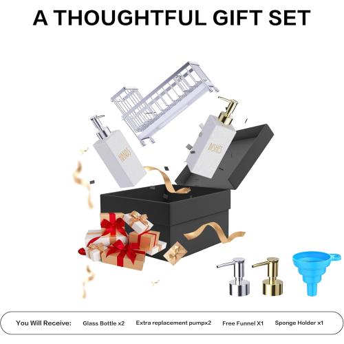 Cisily Dish Soap Dispenser, 12 fl oz Kitchen Soap Dispensers with Sponge Holder, Stainless Steel Pump Glass Kitchen Soap Dispenser Set, Hand and Dish Soap Bottle Set, Kitchen Decor Accessories