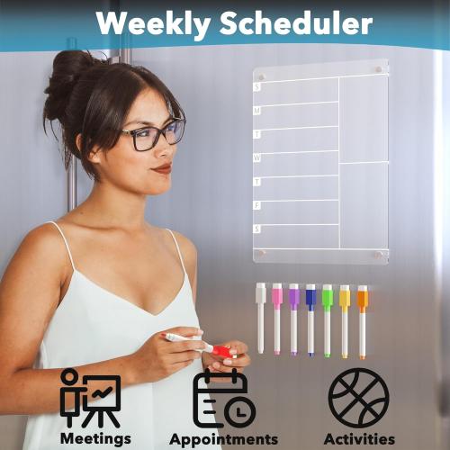 Acrylic Magnetic Meal Planner Menu Board for Kitchen Fridge w/ 8 Markers, Clear Refrigerator Weekly Dry Erase Calendar Planning Noteboard to Do/Grocery/Shopping List/Chore Chart/, 12x9