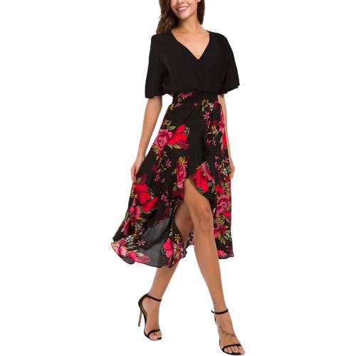 Kormei Womens Short Sleeve Floral High Low V-Neck Flowy Party Long Maxi Dress