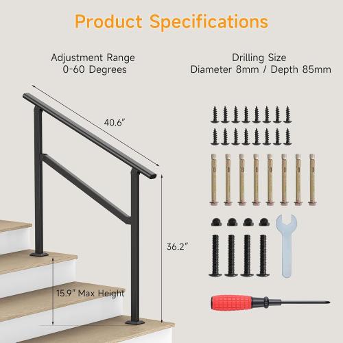 Hand Rails for Outdoor Steps, 2-5 Steps Wrought Iron Handrails for Outdoor Steps, Stair Railing for Porch, Home, Garden, Indoor, Staircase Handrails for Wooden, Cement, Brick, Marble (3 Steps)