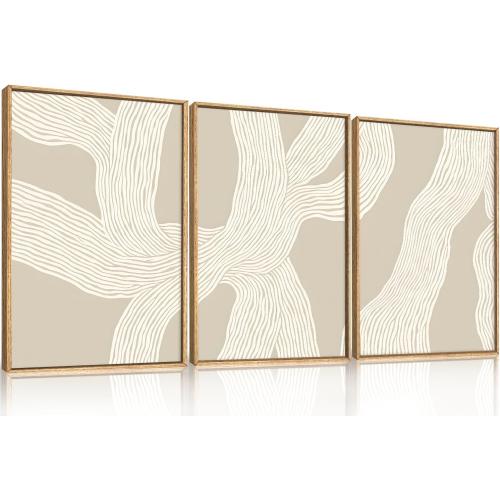 HPNIUB Large Abstract Beige Framed Canvas Prints Wall Art Set,Neutral Minimalist Lines Wall Decor,Modern Textured Artwork for Living Room, Bedroom,Dining Room, Office, Bathroom Decor-16 x24 x3