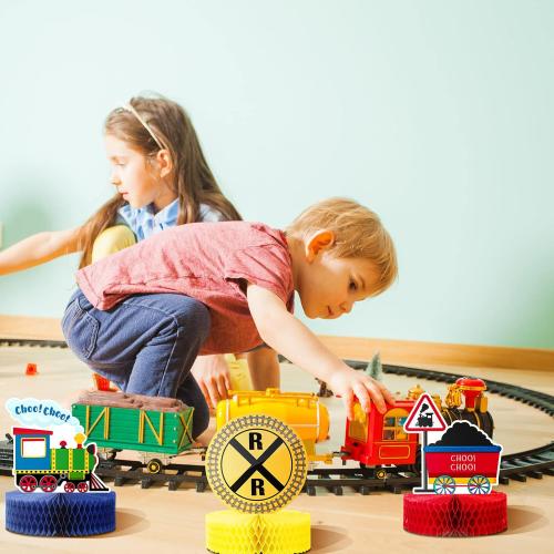 Spakon 9 Pcs Train Birthday Party Decorations Railroad Train Crossing Centerpiece Table Decorations Railway Honeycomb for Kids and Baby Shower Railroad Crossing Sign Table Toppers Photo Booth Prop