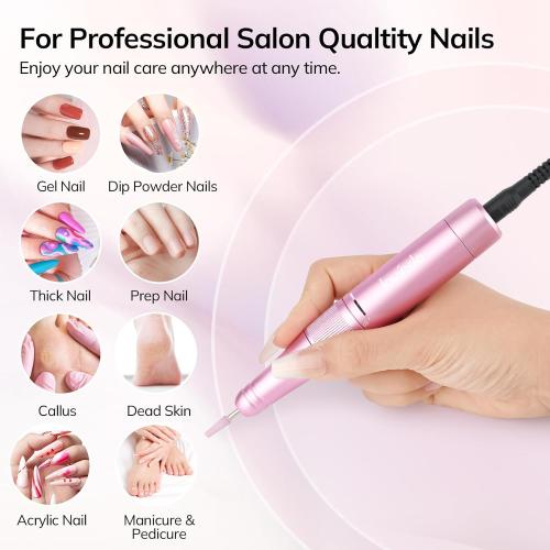 Pink Lavinda Nail Drill 35000 RPM, Cordless Rechargeable Electric Nail File Machine, Professional Efile for Acrylic Nails, Gel Polish, Cuticle Removal, Home and Salon (Pink)