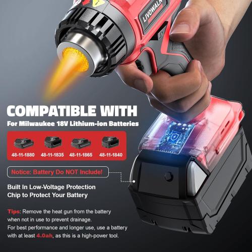 LIVOWALNY Heat Gun Compatible with Milwaukee 18V Battery: 350W Cordless Battery Powered Heat Gun 122℉~1022℉ (50℃~550℃) -Variable Temperature Control w/LED Digital Display for Shrink Tubing, Vinyl Wrap