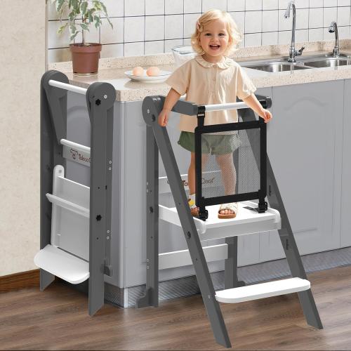 Foldable Toddler Tower, Toddler Kitchen Stool Helper with Safety Net, Wooden Kitchen Step Stool for Toddlers with Adjustable Height, Standing Tower for Learning and Cooking(Blue)