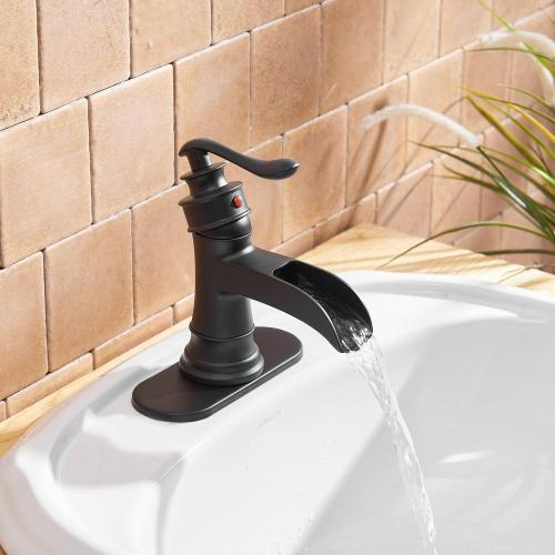 BWE Matte Black Bathroom Faucet, Waterfall Bathroom Faucet Sink Lavatory Single Hole Faucets One Handle Bath Antique with Brass Pop Up Drain Stopper Mixer Tap Overflow Water Supply Line