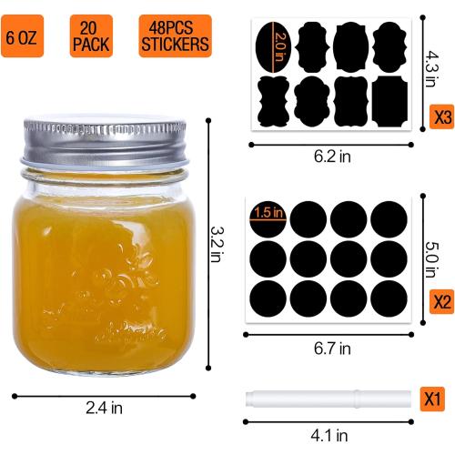 Small Mason Jars With Lids 6oz, 20 Pack Regular Mouth Canning Jars for Food Storage with Labels, Glass Jars with Metal Lids for Spice, Jam, Honey, Jelly, Dessert, Pickle, DIY Candles Decor