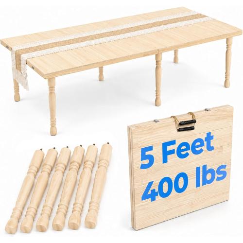 Boho Folding Picnic Table, 60 x 30 Low Wooden Table | Includes Table Runner & Non-Slip Pads, Portable Indoor/Outdoor Table for Camping, Beach, Garden, Wedding & Parties, Seats 6-8