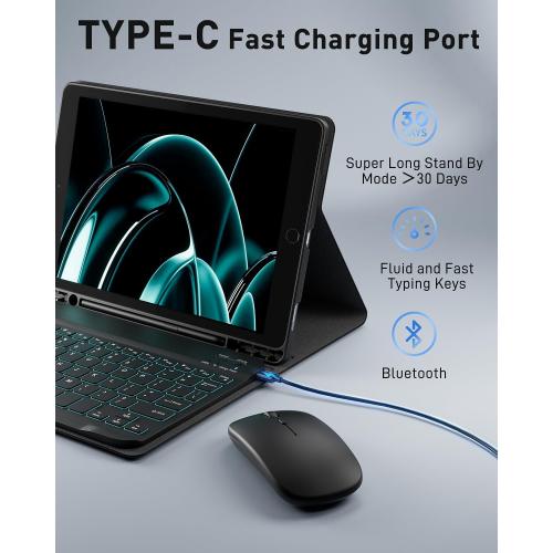 TUNKARMOR for iPad 9th / 8th / 7th Generation 10.2 inch & iPad Air 3rd Gen & iPad Pro 10.5 inch Case with Keyboard 7 Color Backlit - Built in Pencil Holder with Mouse (Black)