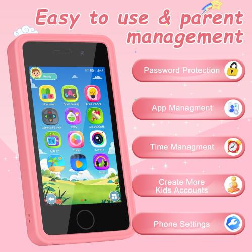 3.97 Touchscreen Kids Toys Smart Phone, Kids Phone with Games & Dual Camera, Toddler Toys Phone, Boys and Girls Learning Toy Phone for 3-9 Years Old (Pink)