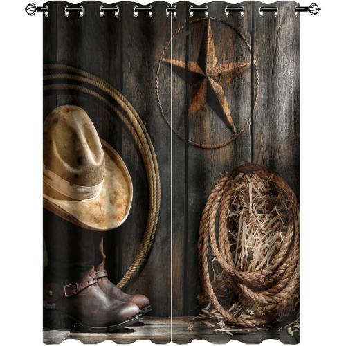 Western Farmhouse Room Darkening Blackout Window Curtains with Grommets,Rustic Cowboy Leather Boots Texas Star Hat on Wooden Energy Efficient Window Treatment 2 Panels 54L x 21W