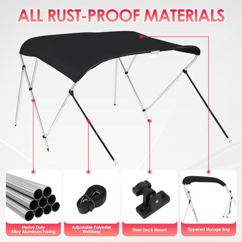 Bimini Tops for Boats, Black 3 Bow L6' x W54-60 x H46, 900D Polyester Bimini Top, 2 Rear Support Poles and Storage Boot, 4 Adjustable Nylon Straps