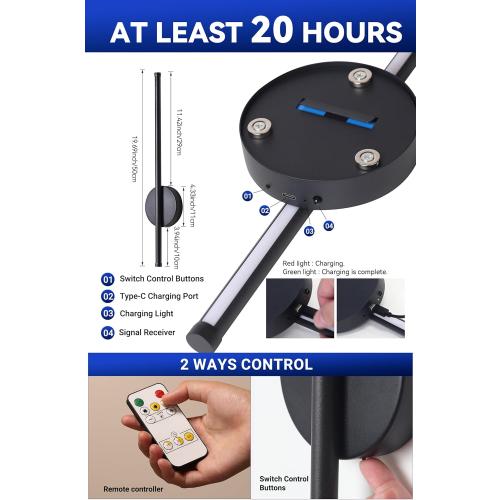 Battery Operated Wall Sconces Set of Two Rechargeable Wireless Wall Light with Remote Control Black 360° Rotate Magnetic Dimmable Cordless Wall Lamp for Living Room Bedroom Hallway 19.7 Inch