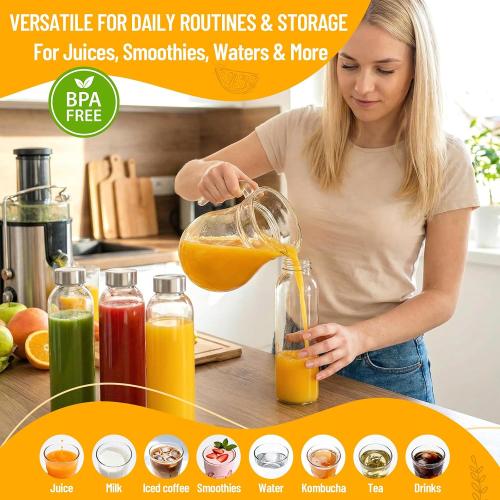 Luxfuel 18 oz Clear Glass Water Bottles with Lids, Reusable Glass Juice Bottles with Stainless Steel Cap for Juicing, Refrigerator,100% Leak Proof, BPA Free, Set of 24