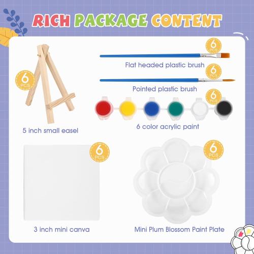 ESRICH 6 Set Mini Acrylic Paint Kit,Minis Stretched Canvas with Easel,Acrylic Paint Strips,Paint Palettes,Painting Brushes, Mini Canvas and Easel Set for Kids Artists Beginner,Gift