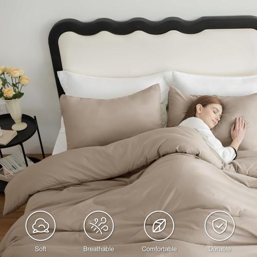 CozyLux Queen Comforter Set Khaki, 3 Pieces Lightweight Comforters Queen Size Quilted Bedding Sets, All Season Breathable Solid Down Alternative Comforter with 2 Pillowcases, Bed Set Gift for Home