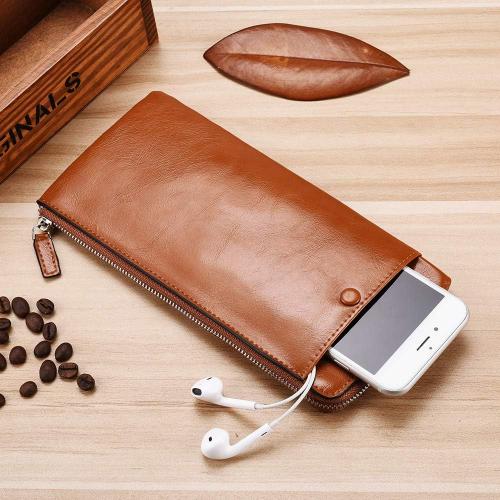 Minimalist Leather Wallets for Men Long Bifold Wallet Zip Around Clutch Travel Purse for Checkbook, Smartphone, Cash