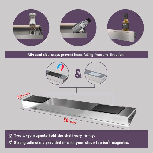 STUTOV 30 Magnetic Stove Top Shelf – Stainless Steel Spice Rack and Seasoning Organizer – Kitchen Shelf for Back of Stove – Over Stove Rack and Storage Organizer