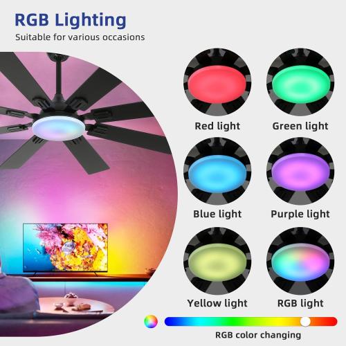 52 Ceiling Fans with Lights and Remote, Black Modern Ceiling Fan with 8 Dual Finish Blades,Quiet Reversible Motor，Farmhouse Ceiling Fan with RGB Lights for Bedroom,Living Room,Patios