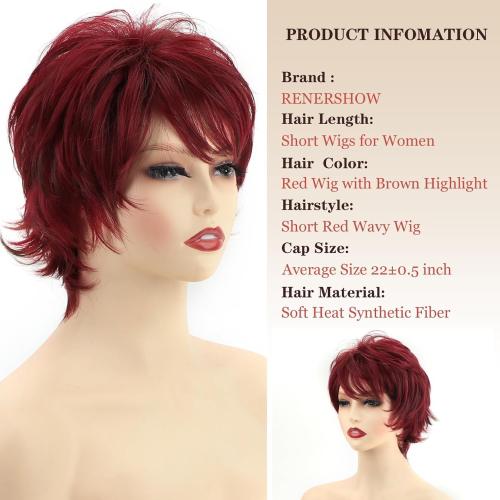 RENERSHOW Short Red Pixie Cut Wavy Wigs for White Women with Bangs Burgundy Highlight Synthetic Wig 6 Inch