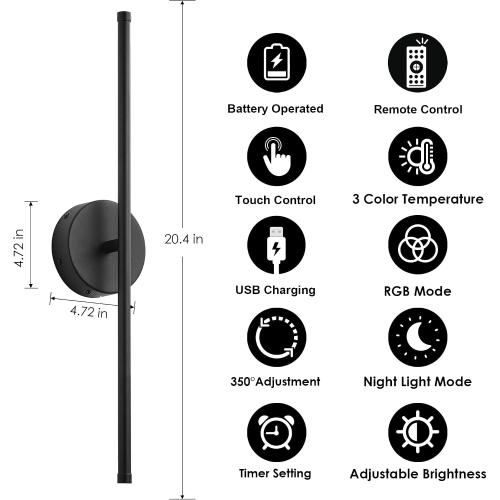 Battery Operated Wall Sconces Set of Two, with Remote Control, Dimmable, Warm White/Natural White/Daylight/RGB, 350°Rotate, LED Black Wireless Wall Light for Living Room, Bedroom, 20.4 Inch