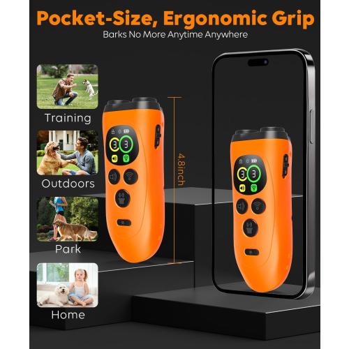 Dog Bark Deterrent Device,3X Ultrasonic Anti Barking with Color LCD Screen,7 Training Modes 35 FT Range Correct Bad Behavior Indoors Outdoors,Safe & Humane Rechargeable Bark Control for Dogs-Orange