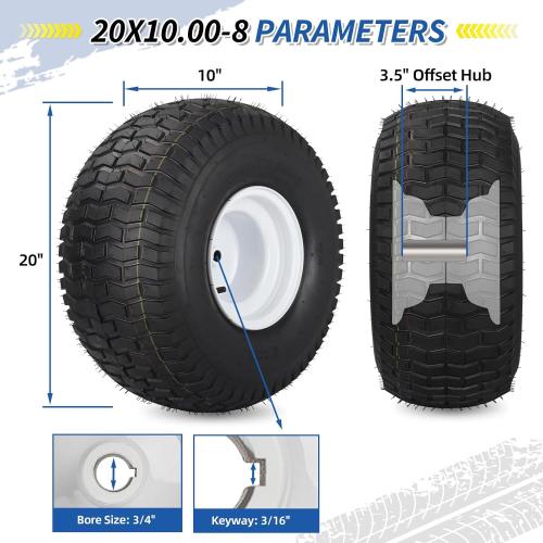 20x10.00-8 Lawn Mower Tire and Wheel, 4 Ply Tubeless Tire, Replacement 20x10-8nhs Riding Lawn Mower and Tractor Rear Tire and Wheel Assemblies, 3.5 Offset Hub, 3/4 Borehole, and 3/16 Keyway