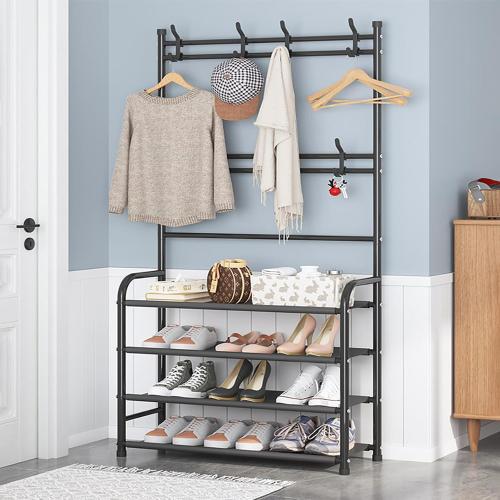 Black H: 61 4 Tier Shoe Rack Coat Rack Shoe Shelf Freestanding with 8 Hooks for Front Door Entryway Bedroom Closet, Black