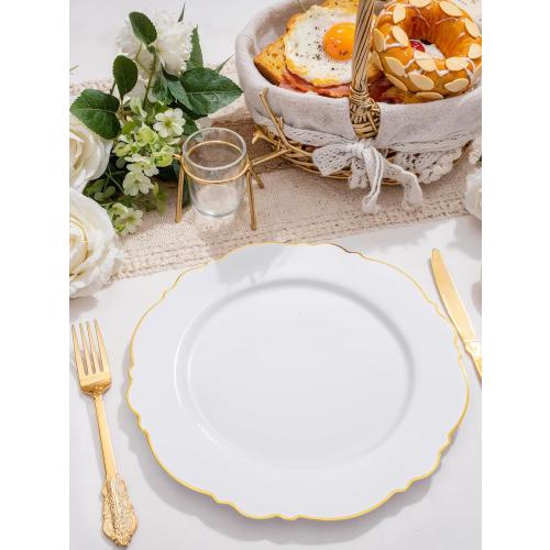 WDF 60pcs Gold Plastic Dinner Plates -10.25inch Baroque White and Gold Plates Fancy Plastic Plates for Upscale Bridal Shower & Wedding & Birthday