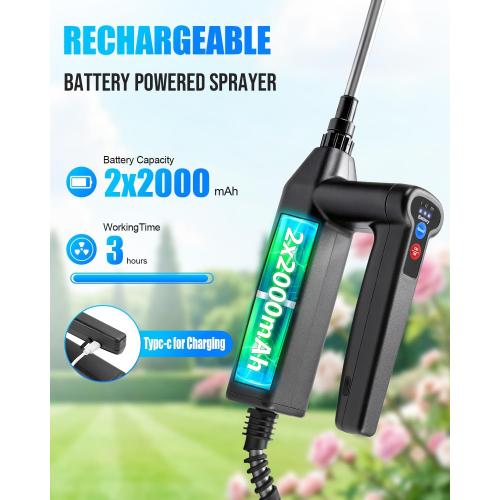 Battery Powered Sprayer 2 Gallon, Electric Weed Sprayer with 3 Adjustable Pressure Levels, 4 Nozzles & Extendable Wand, Rechargeable Garden Sprayer for Yard, Lawn, Plants & Fertilizer
