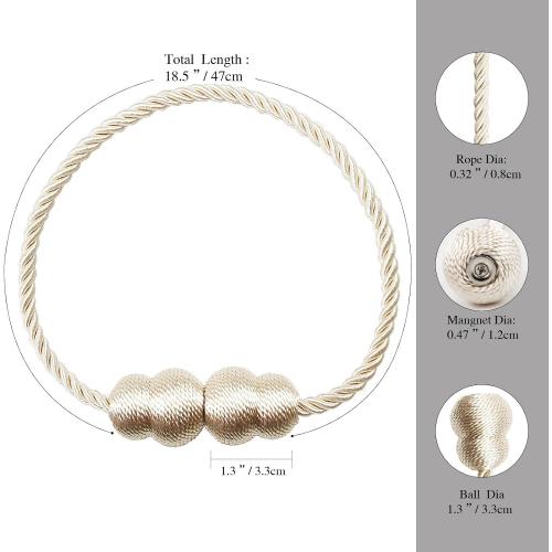 Magnetic Curtain Tiebacks 2 Pack Rope Decorative Curtain Tie Backs Elegant Curtain Holders for Drapes Outdoor Window Treatment Holdbacks, Beige