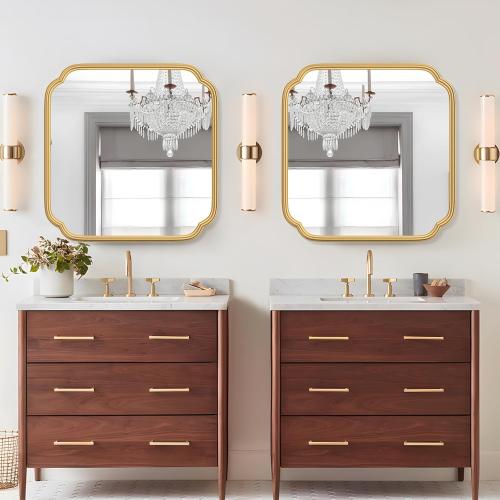 Ferytange Gold Bathroom Mirror for Wall 24 x 24 Modern Rounded Corner Square Mirror with Non-Rusting Iron Metal Framed Bathroom Vanity Mirror for Over Sink Wall Decor Horizontal/Vertical