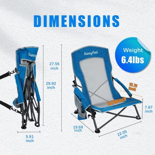 SUNNYFEEL Low Folding Beach Chair for Adults, Portable Lightweight Sling Beach Camping Chairs with Cup Holder, Armrest,Foldable Camp Lawn Chair for Outdoor Sand Concert Travel Sport Events,300LBS