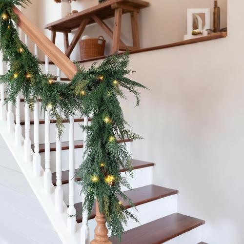 Christmas Cedar Garland Realistic - Cypress Decorations with Lights 6ft for Mantle Lighted Faux Pine Garlands for Xmas Home Decoration Indoor Stairs Railing 6 ft Fireplace Outdoor Prelit Door Decor