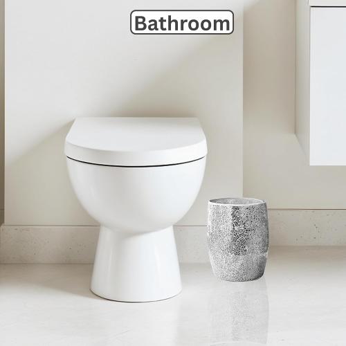 Modern Bathroom Trash Can Silver Mosaic Glass 5L | 7 x 10 | Luxury Waste Basket for Restroom, Bedroom, Office & Kitchen | Decorative Small Garbage Can | Silver Glitter Bathroom Accessories