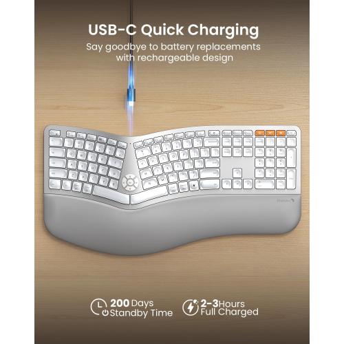 ProtoArc Backlit Bluetooth Ergonomic Keyboard, EK01 Plus Full Size Wireless Split Keyboard with Dual Bluetooth and USB, Cushioned Wrist Rest, Rechargeable, for Windows/Mac/Android, White and Silver