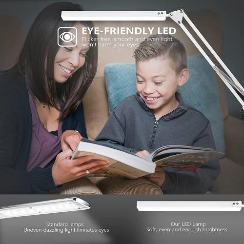 LED Desk Lamp, Manicure Table Lamp, 16 Lamp Head, Dimmable Eye-Caring Drafting Light with 3 Color Modes, 10 Brightness Levels & Adapter, Memory Function(White)