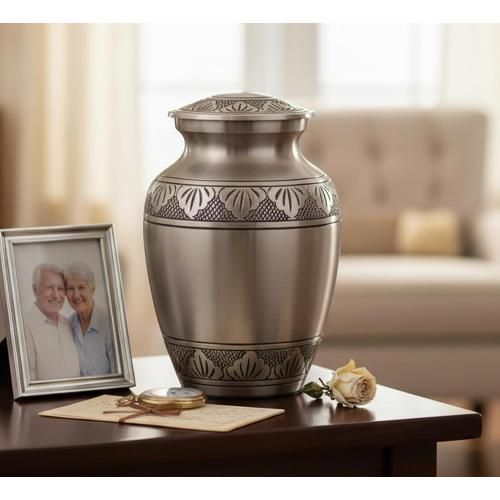 eSplanade Brass Cremation Urn Memorial Jar Pot Container | Medium Size Urn for Funeral Ashes Burial | Engraved Metal Urn | Pewter - 6 Inches