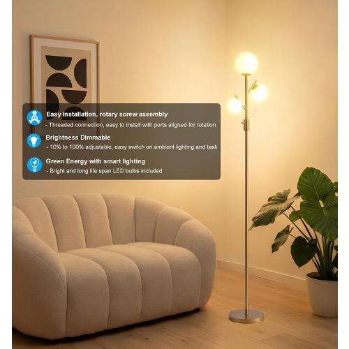 Fiqevs Mid Century Modern 3 Globe Tree Floor Lamp - Dimmable LED Standing Lamp with Bulbs, Warm Light for Living Room Bedroom Office - Antique Brass/Gold