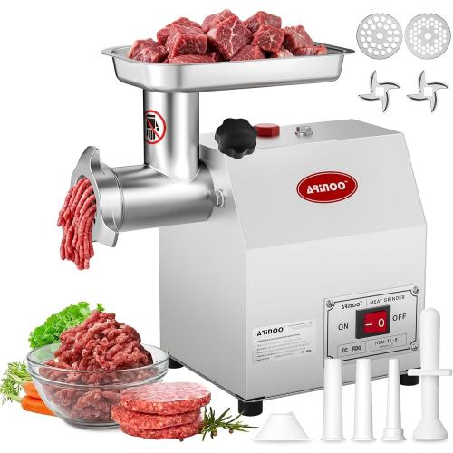 Electric Meat Grinder #8, 0.5HP Heavy Duty Industrial Stainless Steel Meat Mincer, Sausage Stuffer with 2 Blades, 2 Plates & 3 Sausage Tubes, Meat Grinder Machine for Home Use Butchering
