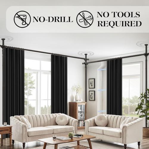 Room Divider Curtain Set-No Drilling Curtain Rod Set, Room Divider Wall for Partition Room Dividers, Bedroom Divider Black-100 W x 84 L(Pack of 2)