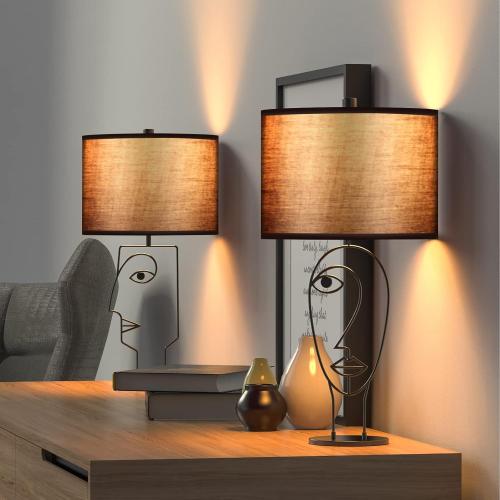 WOXXX Table Lamps for Living Room Set of 2 Industrial Farmhouse Table Lamp with Brown Shade Modern Black Table Lamps for Bedroom Office Kids Room Home Nightstand Lamps Bedside Lamp Desk Lamp (2 Pack)