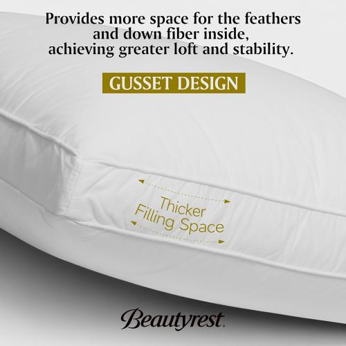 Beautyrest Goose Feather Down Fiber Gusseted Pillows, Firm Hotel Pillow Luxury Bed Pillows, 100% Cotton Cover, King Size Set of 2