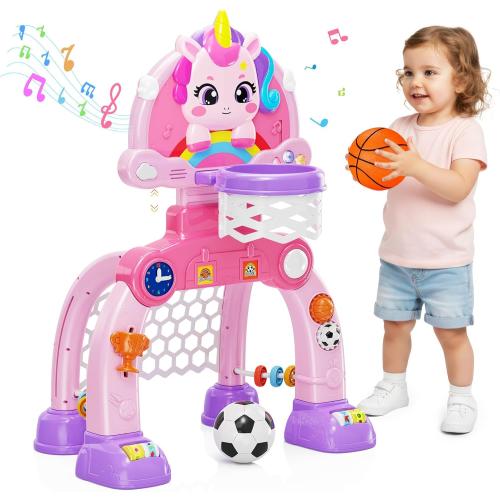 Unicorn Toddler Basketball Hoop & Soccer Goal with Light & Music, 2-in-1 Sports Toy for 1-3 Year Old Boys & Girls, Toys for 1  Year Old Girls, Birthday for Baby Kids