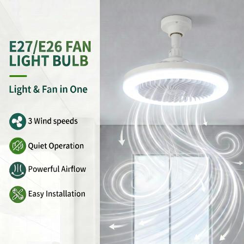Socket Fan Light with Remote,E26/E27 Screw-in Small Ceiling Fan,Dimmable 3000K-6000K LED,3 Speeds,Low Profile Fixture for Bedroom Kitchen Garage-White